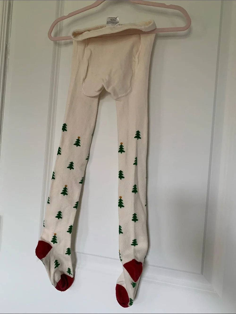 Cream Kids Tights with Green Christmas Tree Print and Red Toes